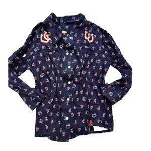 Vintage Hello Kitty Womens Button Up Shirt, Cherries, horseshoe, Navy, Small